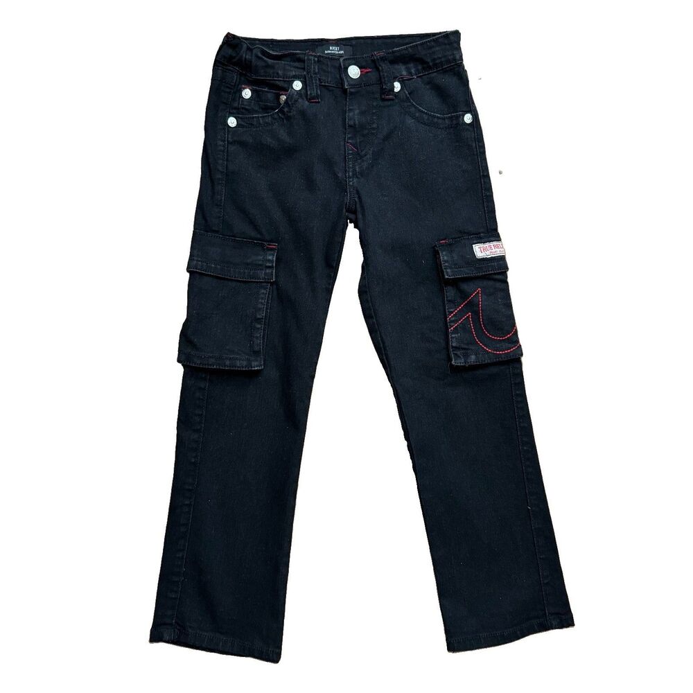 True Religion Boys Jeans Ricky Black Relaxed Straight Cargo Logo Size 8 Youth